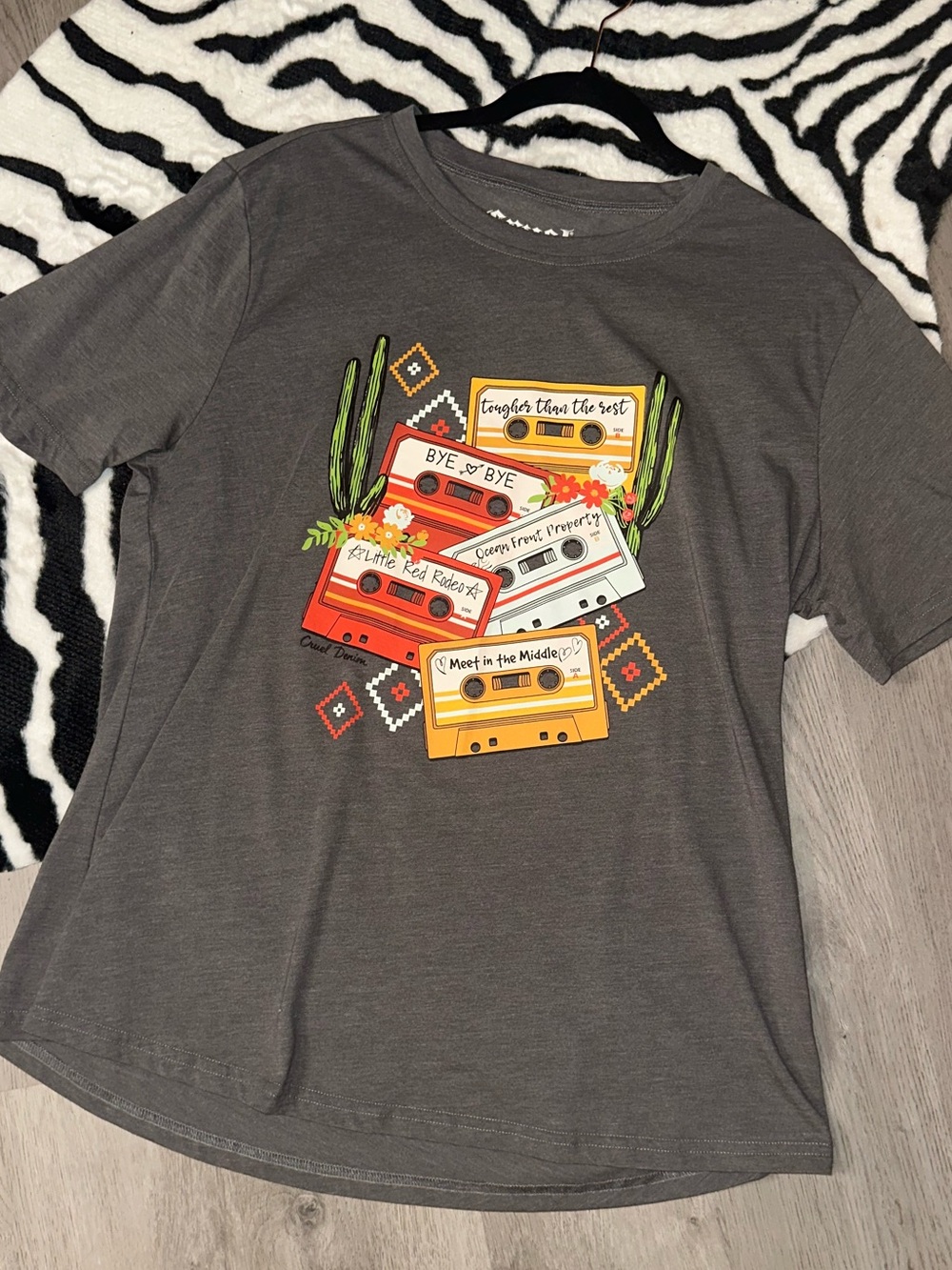Cruel Girl Denim Gray Graphic Tee with Colorful Classic Country Cassette Design